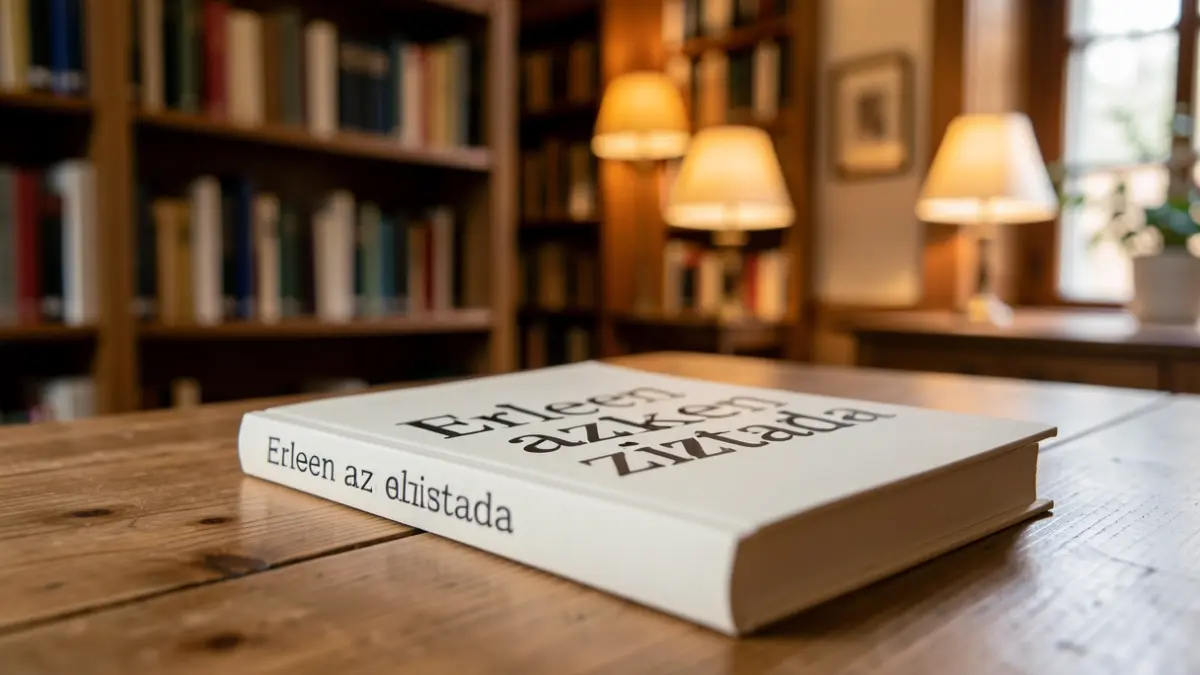 Primer plano de un libro con el título 'Erleen azken ziztada' visible, sobre una mesa de madera.