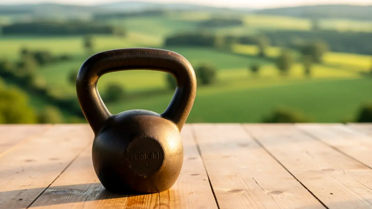 Generic image: A kettlebell on a wooden floor, with a blurred green Euskadi landscape in the background.