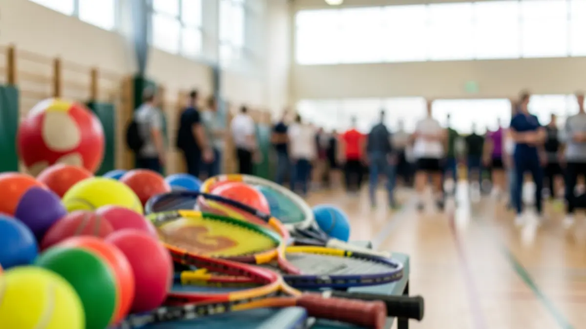 Generic image of colorful sports equipment, with a hint of a gymnasium or sports hall.