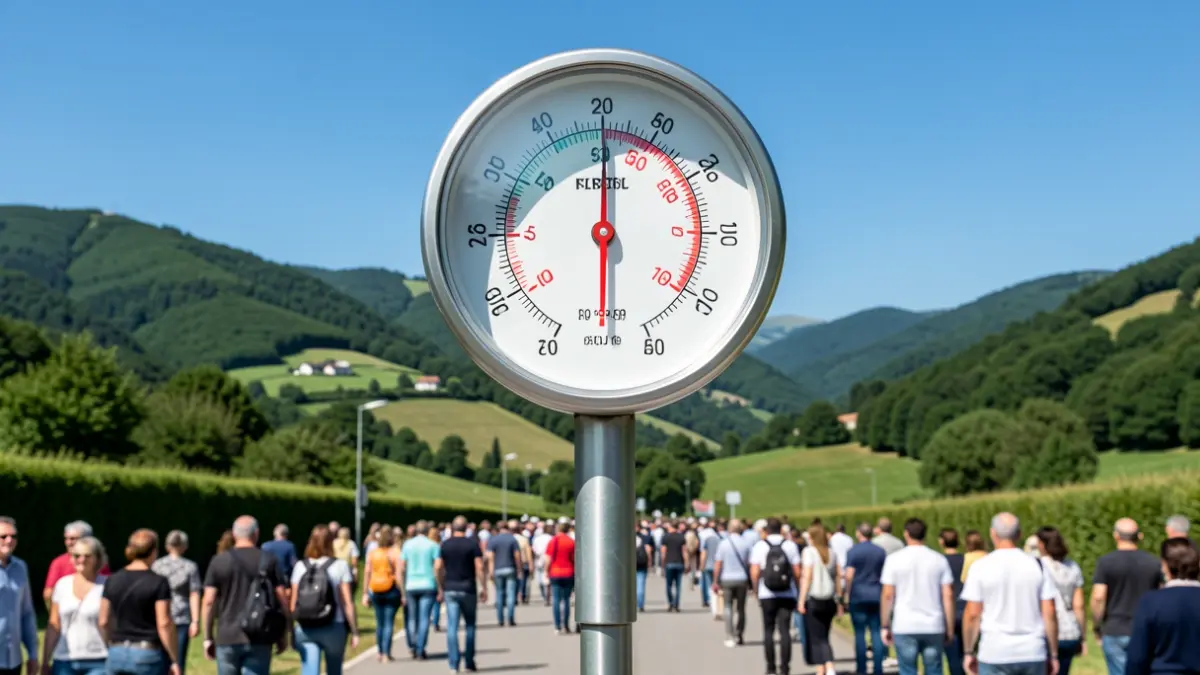 Termómetro mostrando una temperatura muy alta con colinas verdes y cielo azul al fondo, simbolizando el calor extremo.