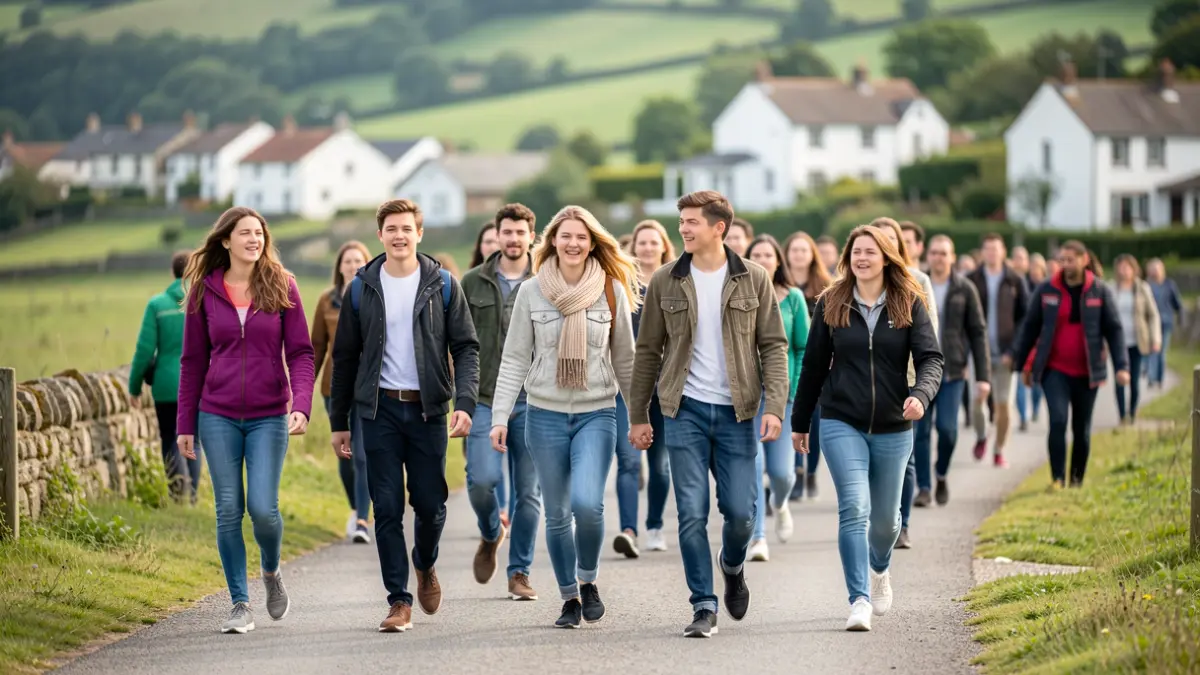 A group of young people walking together on a path, symbolizing unity and movement. Blurred Basque landscapes in the background.