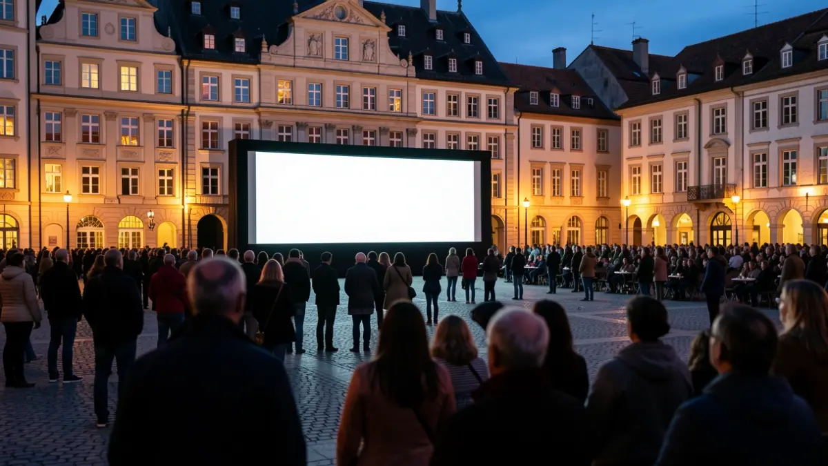 Ilustrazio generiko bat: Korterraza jaialdiaren kanpoko zinema pantaila bat, ilunabarrean Vitoria-Gasteizko plaza publiko batean, jendearen silueta lausoak ikusten, argiztapen epela eta atzealdean euskal arkitektura.