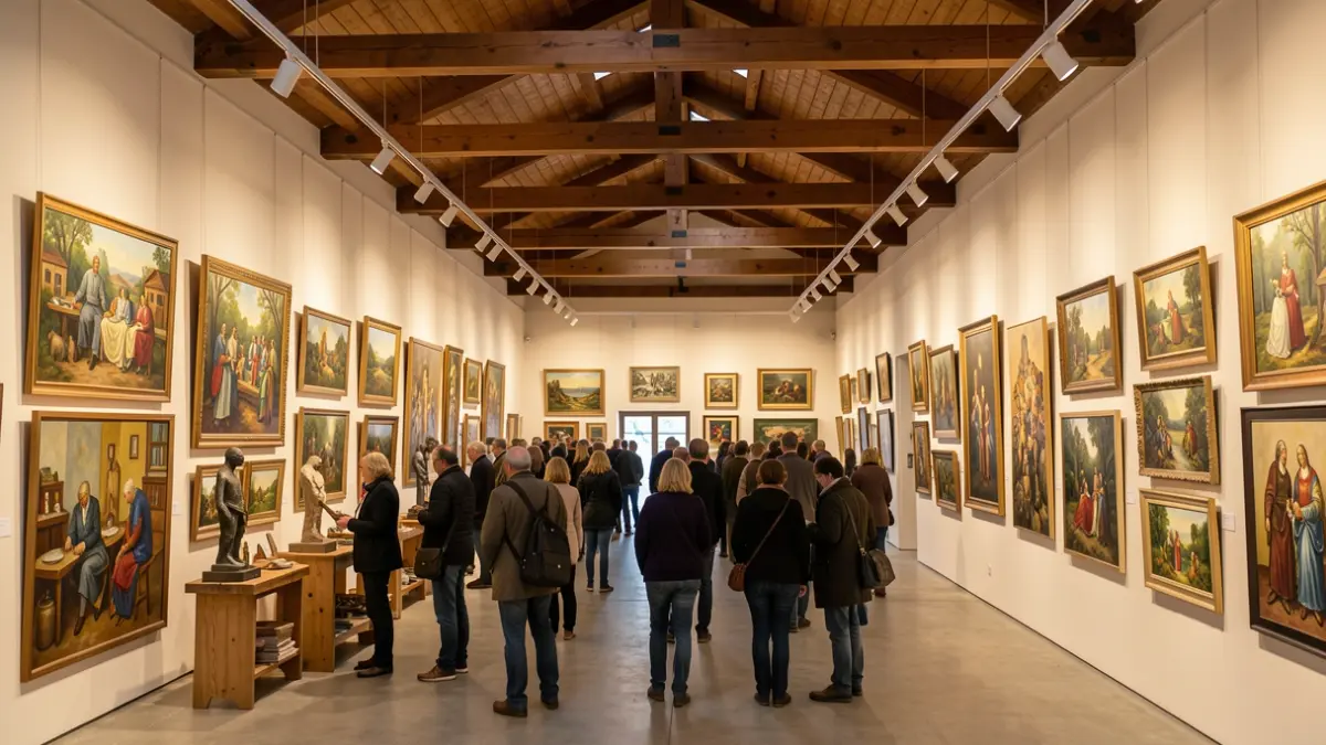 Interior de una sala de exposiciones de una Casa de Cultura, mostrando obras de pintura y escultura realizadas en talleres.