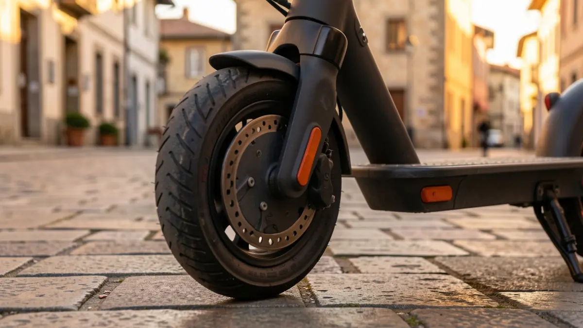 Irudi generikoa: Euskal herri bateko harrizko espaloi batean aparkatuta dagoen patinete elektriko baten gurpilaren hurbileko irudia, arratsaldeko argi epela.