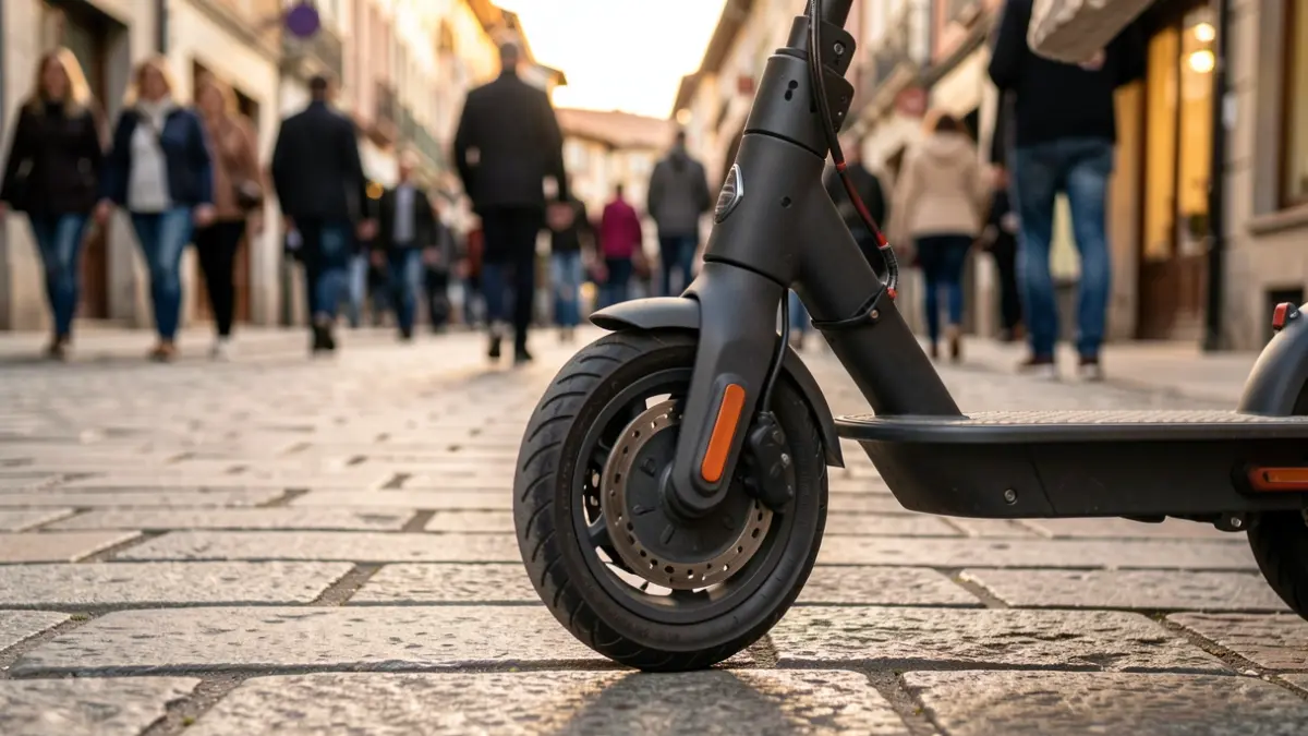 Primer plano de la rueda de un patinete eléctrico aparcado en una acera empedrada de un pueblo vasco, con la luz cálida del atardecer.