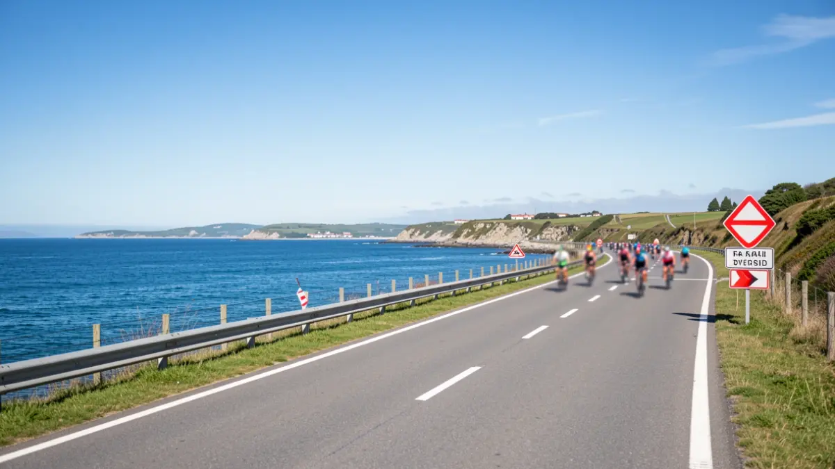 Imagen genérica: Carrera de triatlón en una carretera costera con desvíos de tráfico.