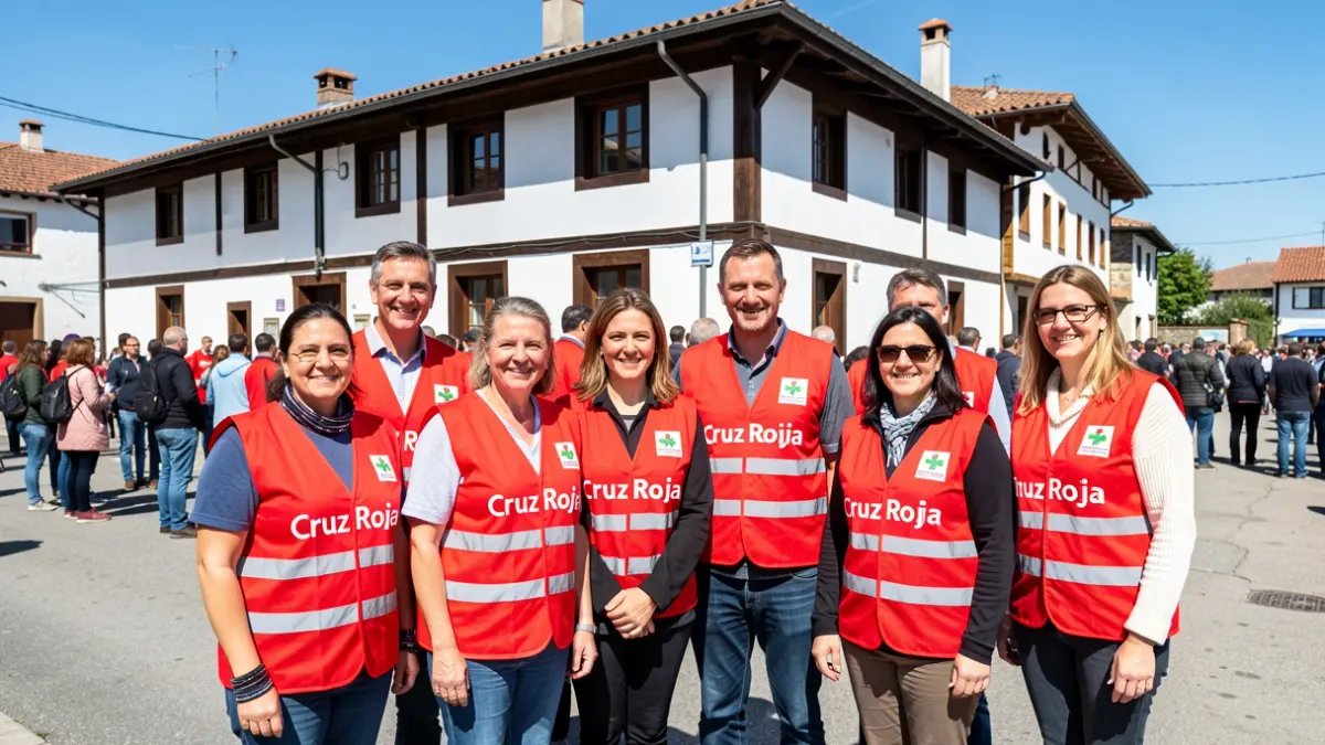 Generic image: A group of Cruz Roja volunteers, wearing red vests, in front of a Basque building.