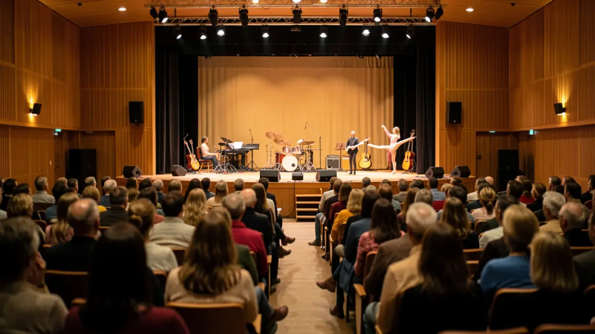 Generic image: Interior of a cultural center auditorium in Euskadi, with blurred audience figures, warm ambient lighting, empty stage with musical instruments and dance props.