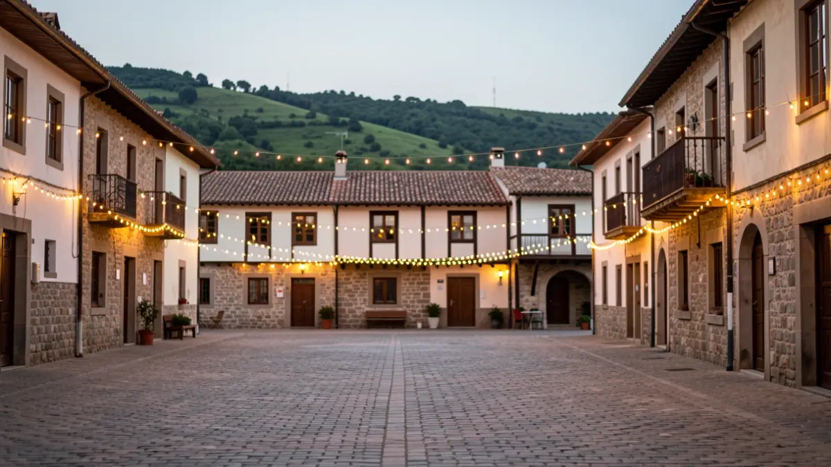 Generic image of the Lasarte-Oria square at dusk, with festive lights.