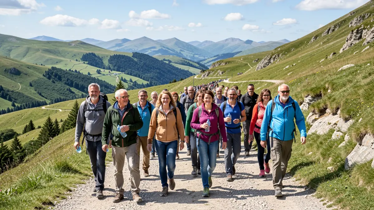 Generic image of a group of people walking on a mountain trail.