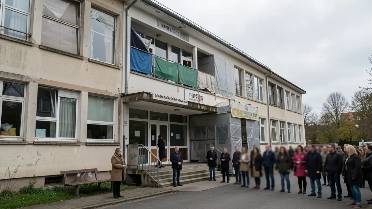 Imagen genérica del exterior de un centro escolar con algunos padres fuera.