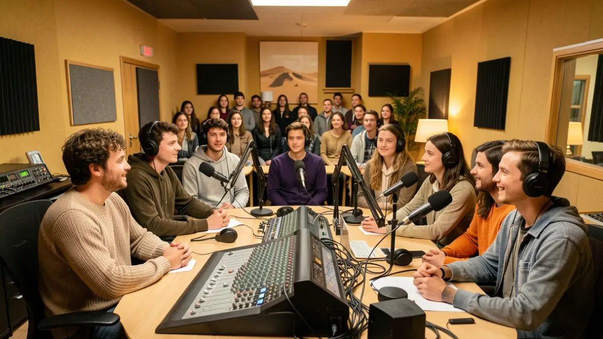 Group of young people and adults recording a podcast in a studio setting, microphones and sound equipment visible, warm and inviting atmosphere, representing a podcast about solidarity trips to the Sahara.