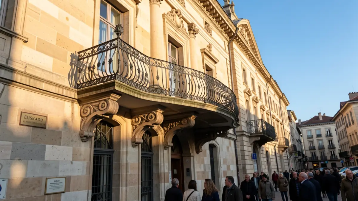 Generic image: Stone facade of the Laudio town hall with balcony and iron railings, afternoon sunlight.