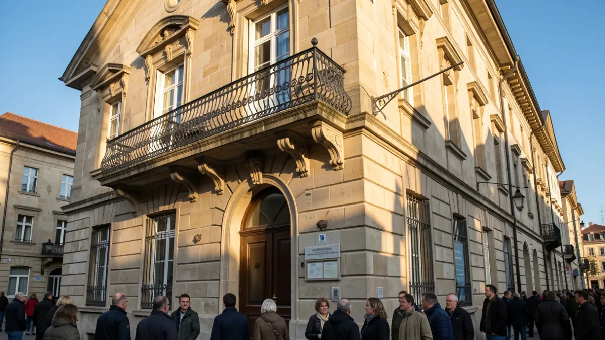 Imagen genérica de la fachada de piedra de un ayuntamiento de Euskadi con balcón y barandillas ornamentadas, luz de sol de la tarde proyectando sombras sobre las paredes, cielo azul.