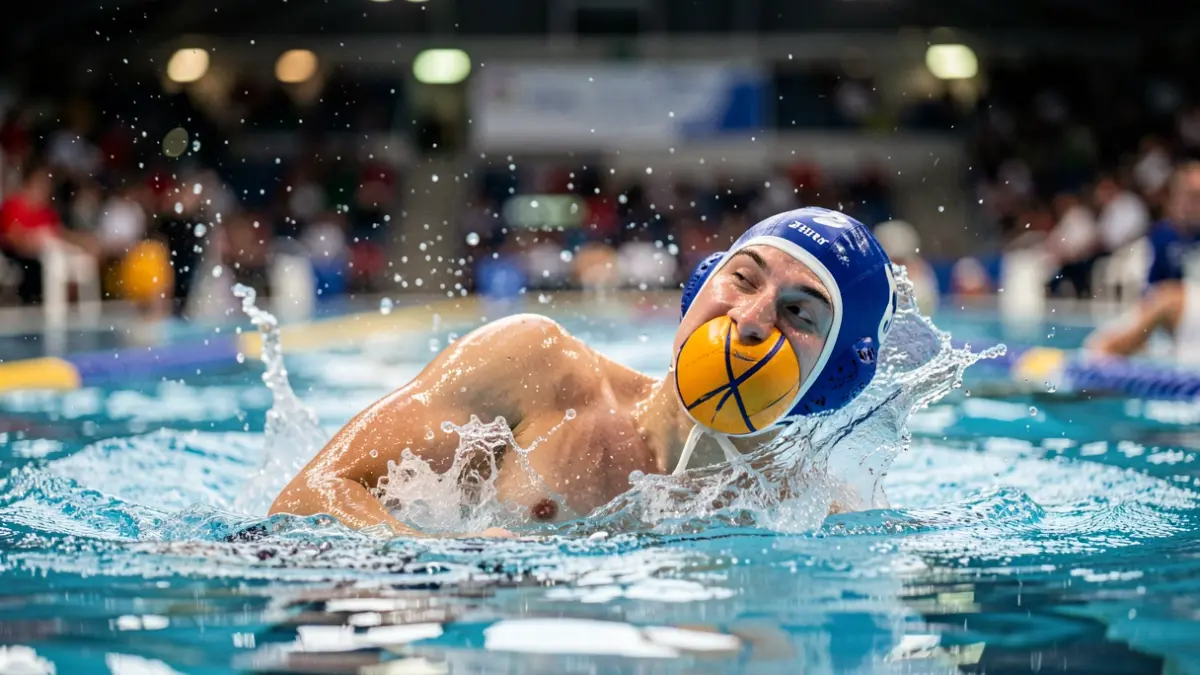 Un jugador de waterpolo con el balón y salpicaduras de agua.