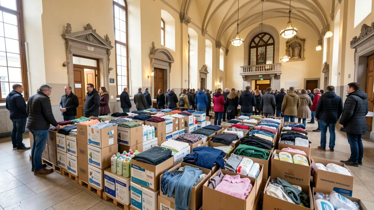 Laguntza humanitarioko bilketa puntu bat udaletxean, beharrezko produktuak dituzten kutxak pilatuta.