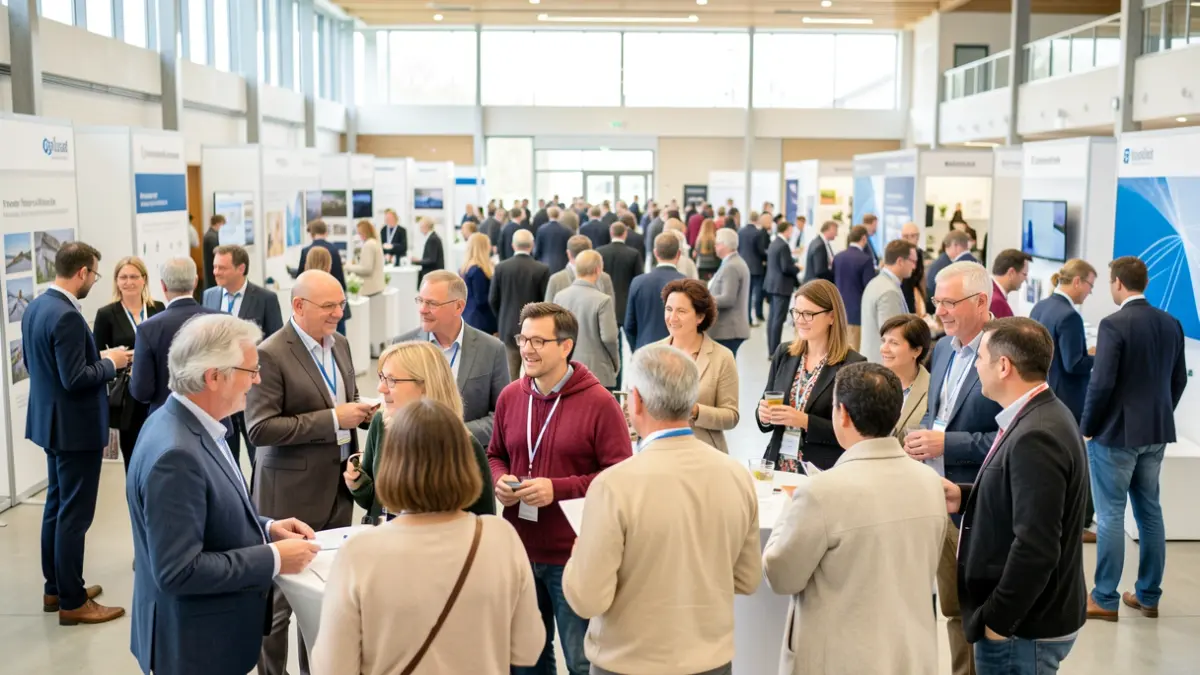 People interacting with company representatives at a modern job fair.