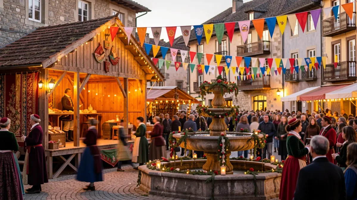 Generic image of a festive town square with holiday decorations and blurred people.