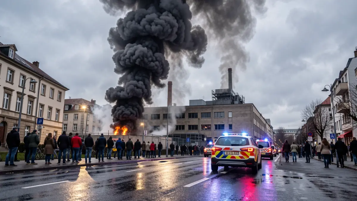 Image of a dense column of black smoke rising from a factory in Vitoria-Gasteiz, with emergency lights reflecting on wet asphalt in the foreground.