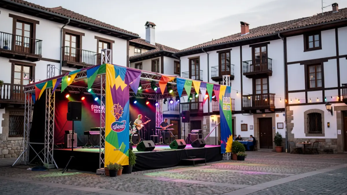 Imagen de un escenario preparado en una plaza del País Vasco, con arquitectura tradicional vasca al fondo.