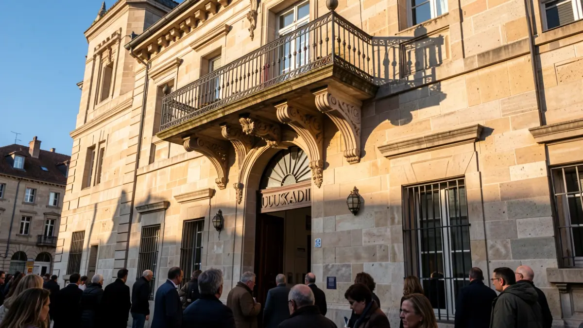 Imagen genérica de la fachada de piedra de un ayuntamiento vasco con balcón y barandillas de hierro ornamentadas, con la luz del sol de la tarde proyectando sombras.
