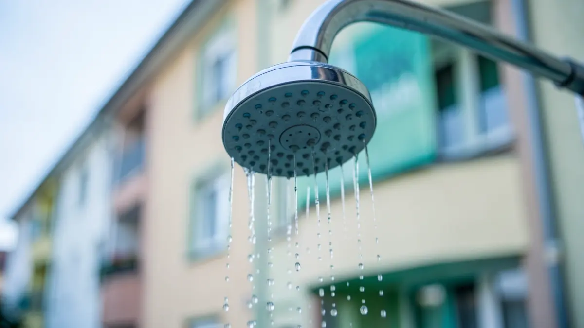 Close-up of a showerhead with water droplets, blurred background of a residential building facade in Euskadi.