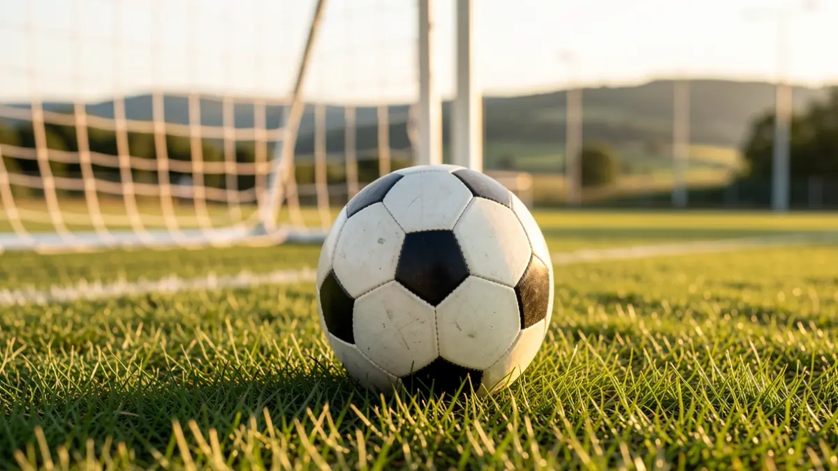 Soccer ball on grass, white goal net blurred in the background.
