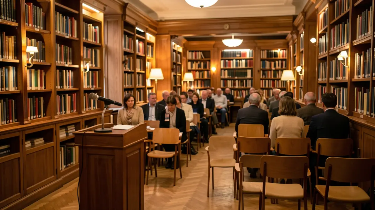 Generic image: interior of a library with wooden bookshelves and a cozy atmosphere.