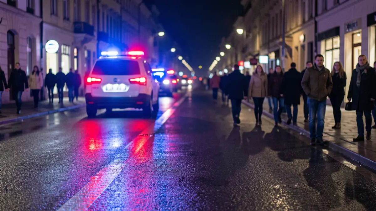 Irudi generikoa: gaueko argi gorri eta urdinak asfalto bustian.