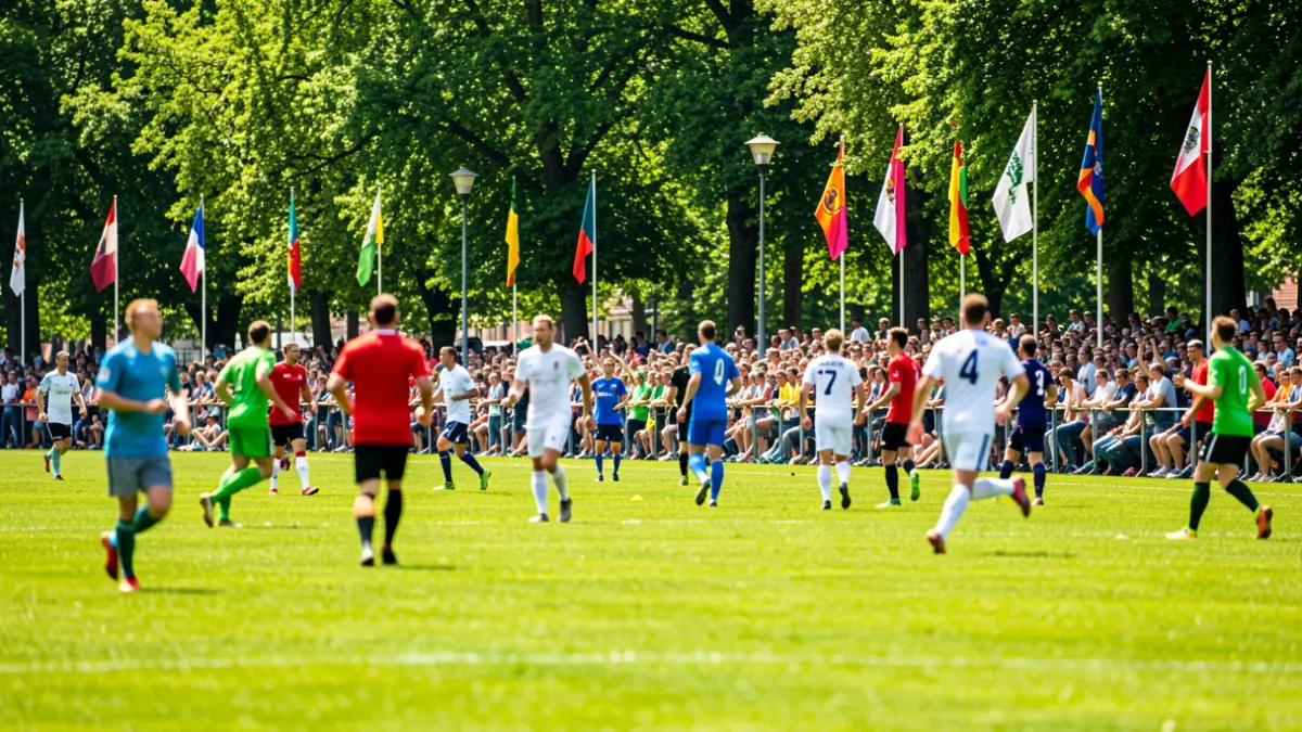 Irudi generikoa: Leioako Mundialito futbol txapelketako giro bizia, jokalari eta ikusle lausoak, banderak eta eguzki argia.