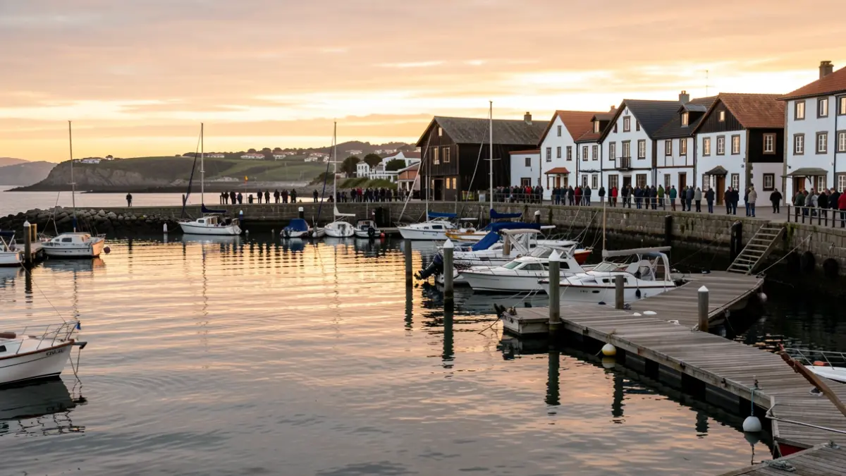 View of the Lekeitio marina at sunset with boats moored at the docks.