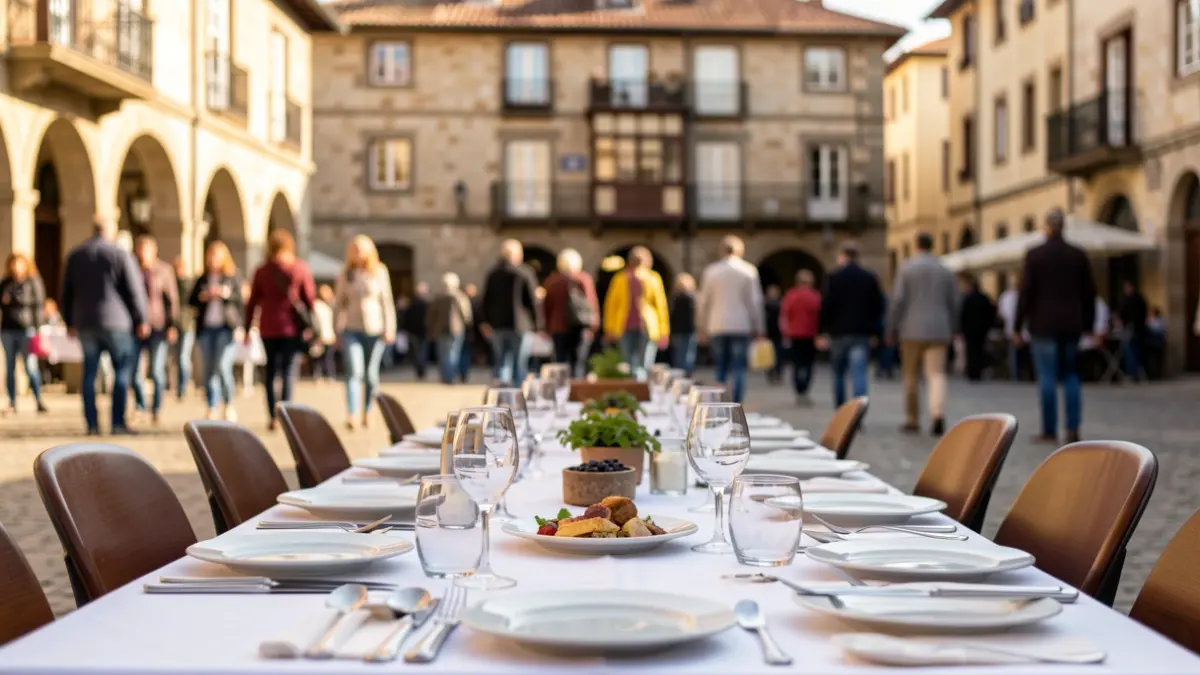 Generic image of a table set for a meal in a public square in Vitoria-Gasteiz.