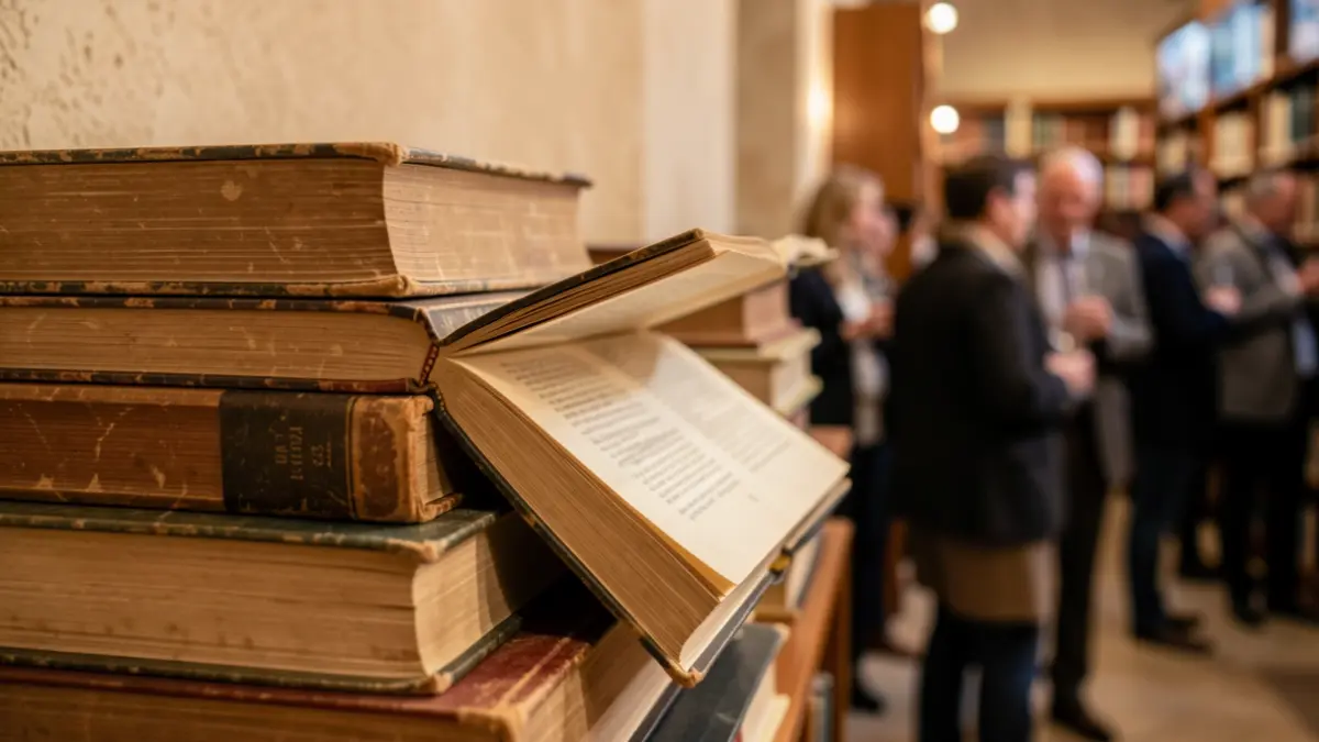 Close-up image of a stack of books with a vintage feel.
