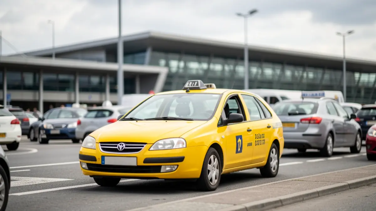 A taxi waiting at an airport pick-up zone, with the airport terminal building blurred in the background.