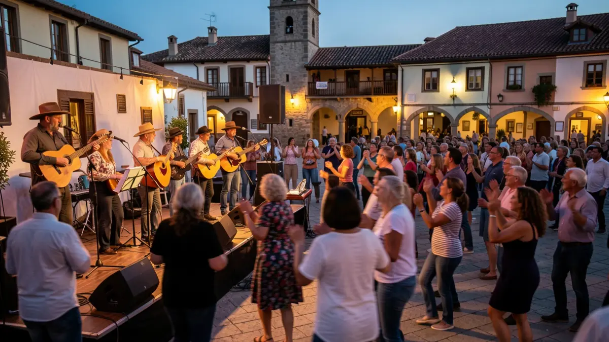 A music group playing Mexican instruments in a square at dusk, with people dancing and enjoying, Basque architecture in the background.