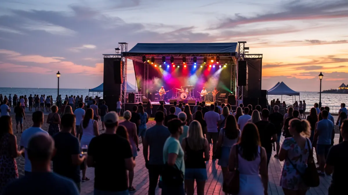 Imagen genérica: Un festival de música de verano en un paseo marítimo al atardecer, con luces coloridas.