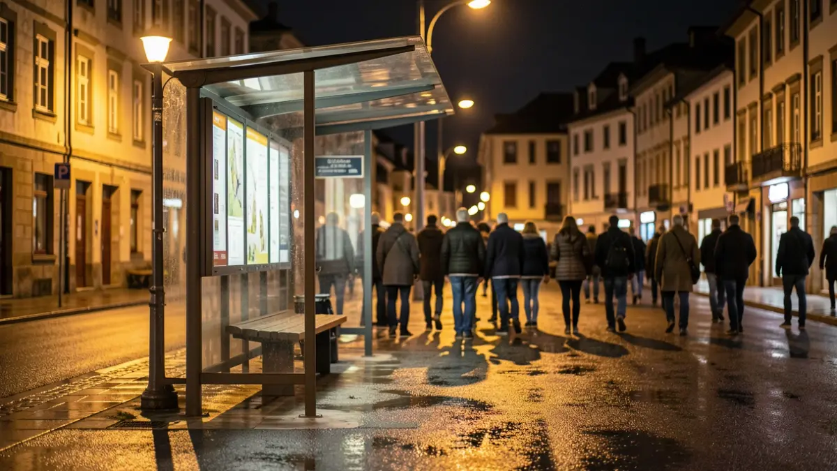 Autobus geraldeko geraleku bat gauean, argi beroak dituen kale-argiekin eta Euskal Herriko herri baten atzealde lausoarekin.