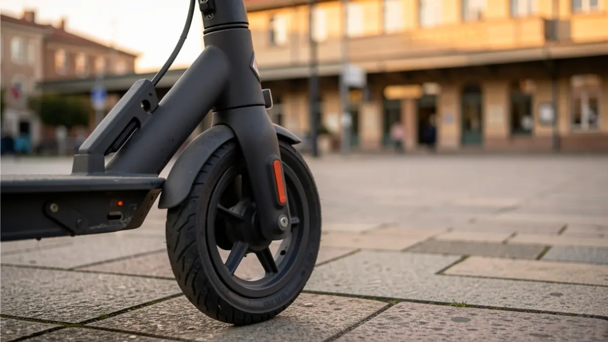 Imagen genérica de la rueda de un patinete eléctrico aparcado en una acera empedrada de Barakaldo, con la fachada de una estación de tren desenfocada al fondo, luz cálida de tarde.