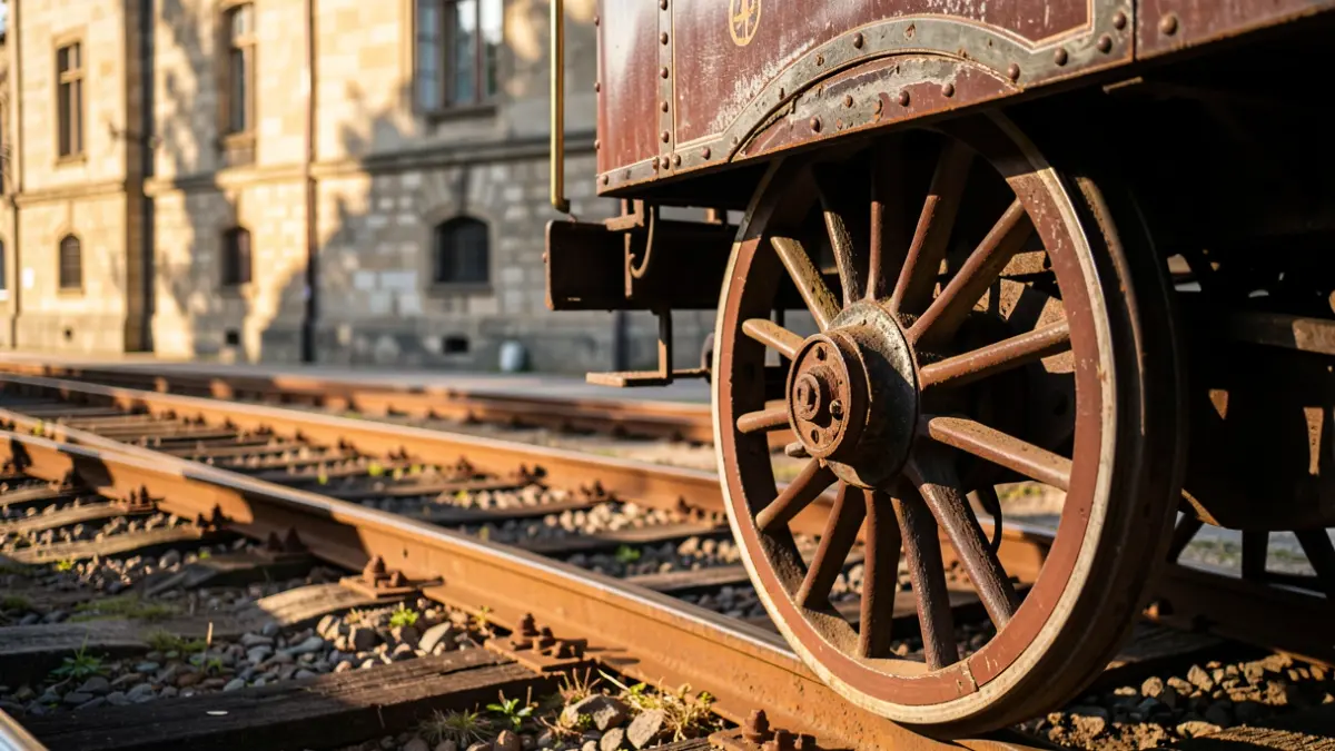 Generic image: wheel of an old train carriage on disused tracks, with a stone building in the background.