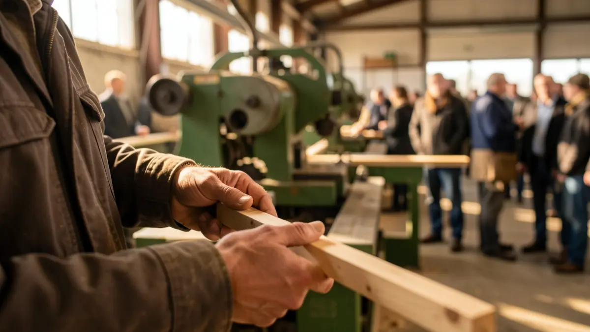 Worker's hands holding a piece of wood, with blurred industrial machinery in the background.