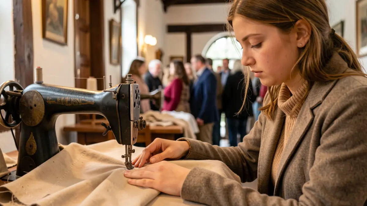 Emakume gazte baten eskuak josteko makinan lan egiten, oihal gainean jostura landuak eginez. Atzealdea lausoa da, Euskal Herriko arkitektura tradizionala duen tailer atsegin bat iradokiz.