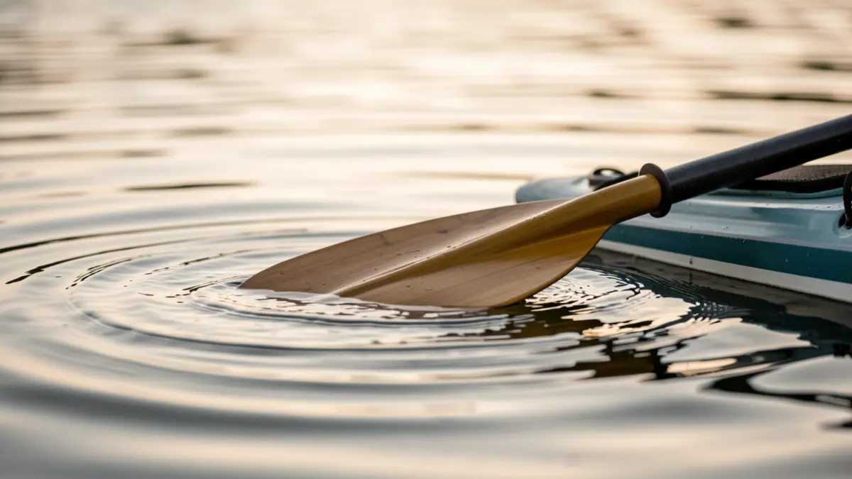 Imagen cercana de una pala de kayak y la superficie del agua.
