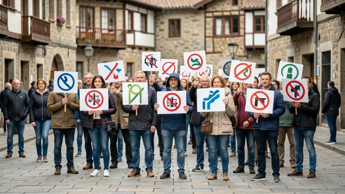 Imagen de un grupo de personas organizando una manifestación, portando carteles que simbolizan derechos y justicia.