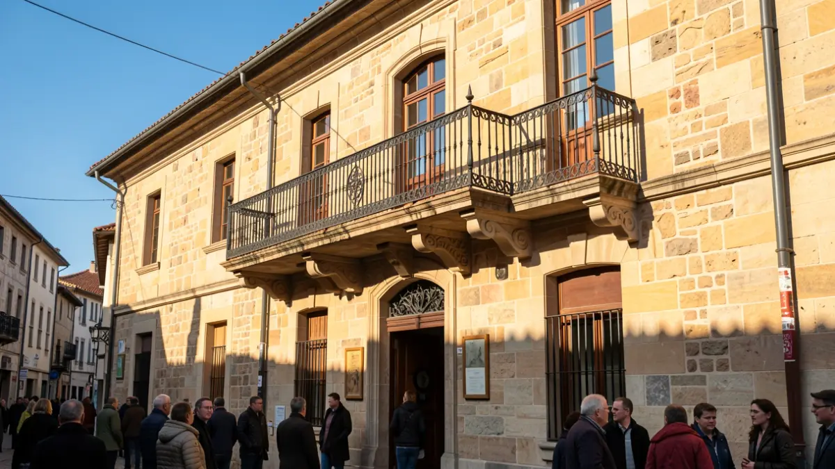Imagen genérica de la fachada de un centro cultural de Euskadi, de piedra, con balcón y barandillas de hierro, bajo la luz del sol de la tarde.