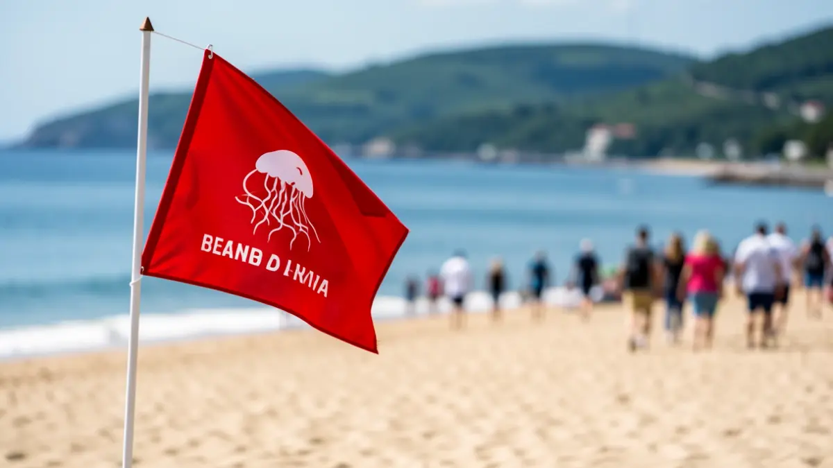 Red flag on the coast with the blue sea and green hills of Bizkaia in the background.