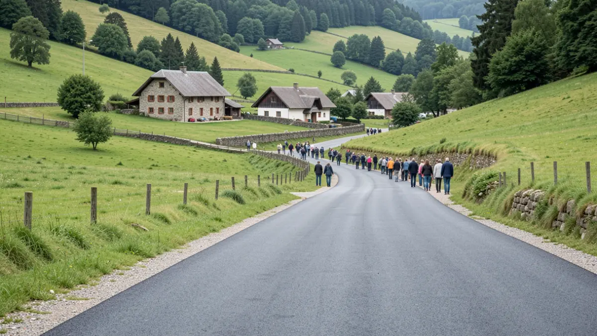 Renovated rural road in Mendata, with green surroundings.