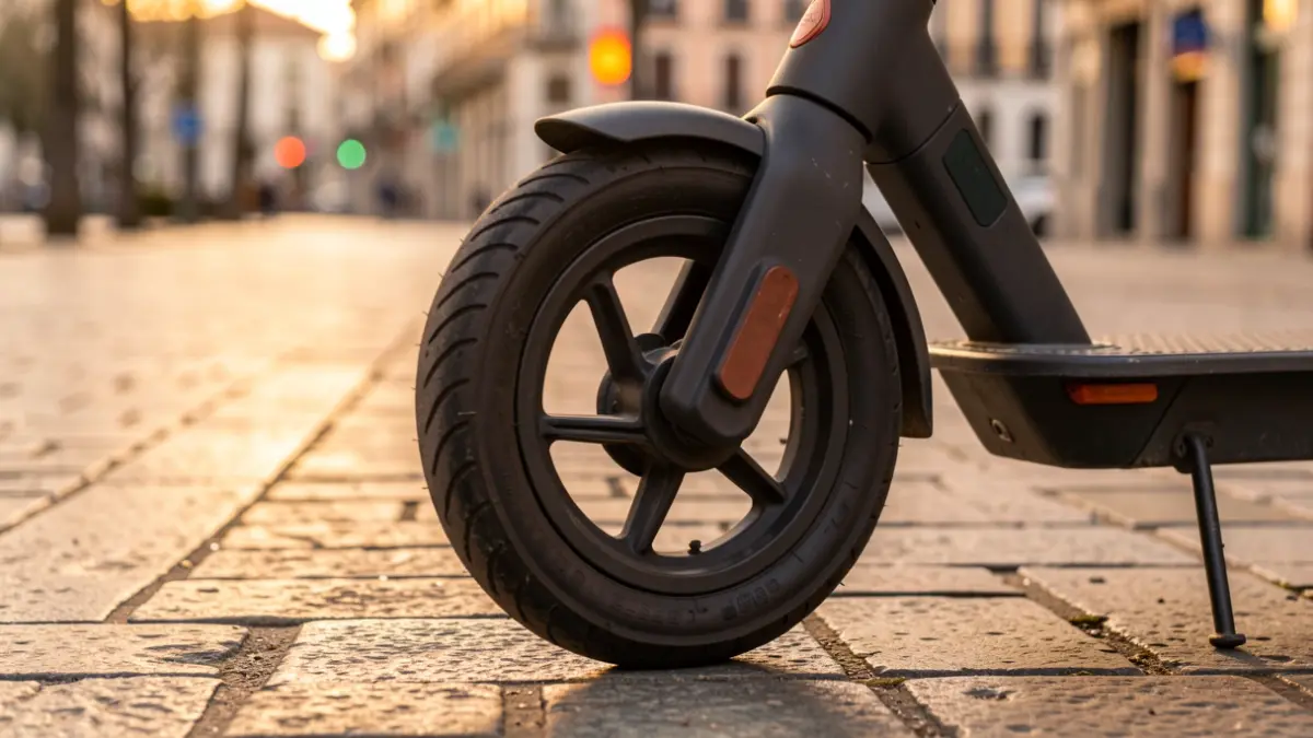 Imagen genérica: Primer plano de la rueda de un patinete eléctrico aparcado en una acera empedrada de Bilbao, luz cálida de tarde.