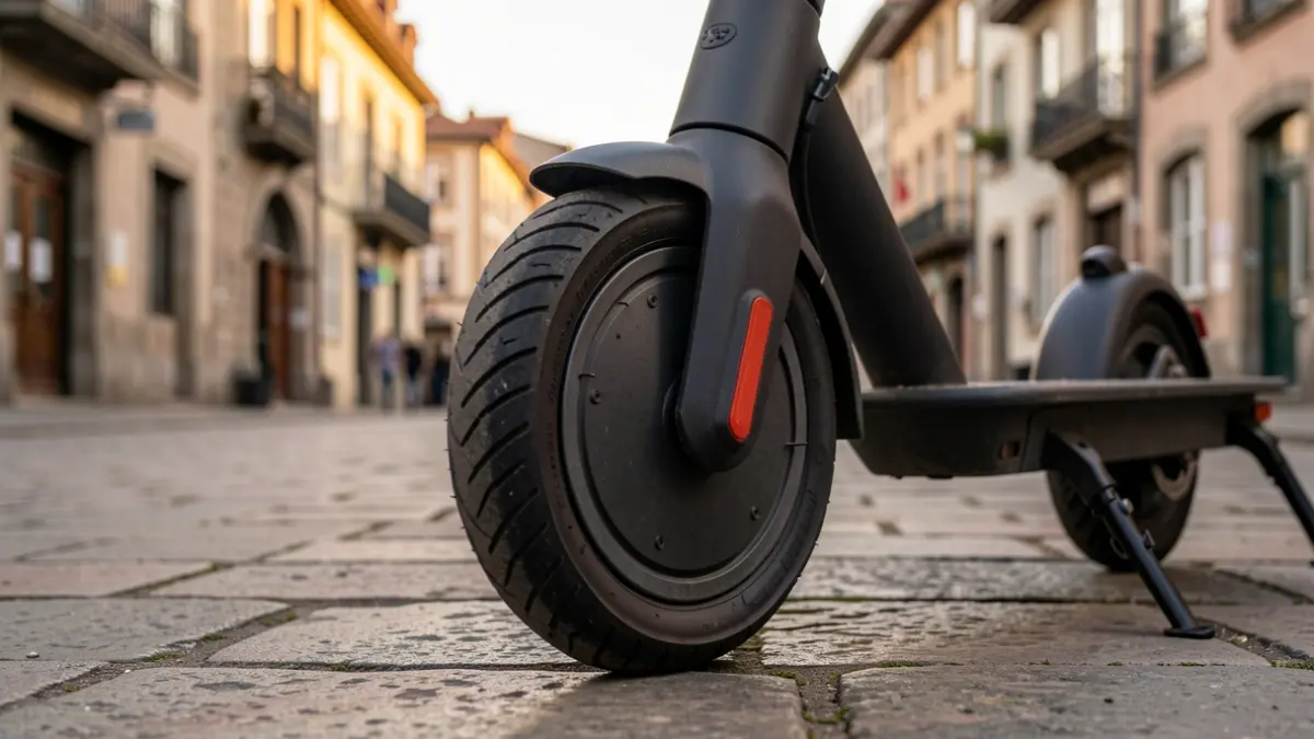 Generic image: Close-up of an electric scooter wheel parked on a stone-paved sidewalk in Bilbao, warm evening light, traditional Basque architecture in the background.