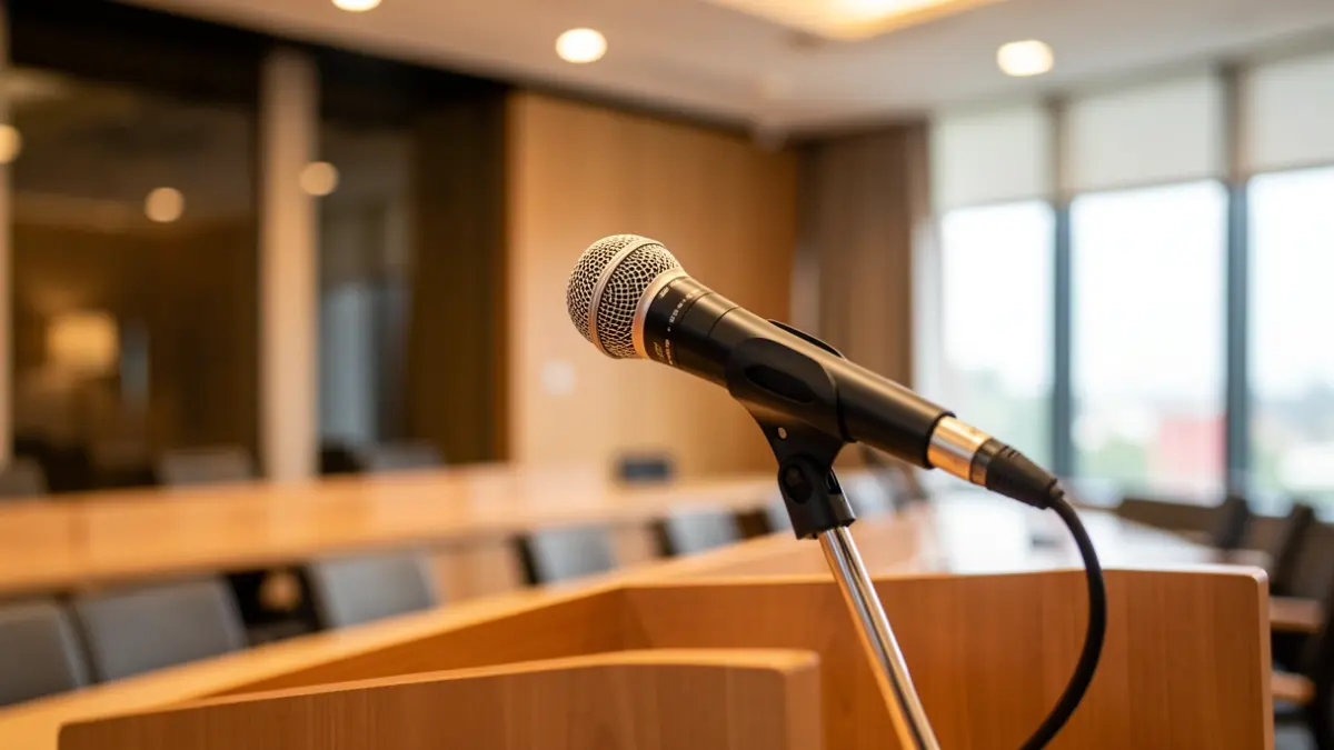 Generic image: Microphone on a podium, with blurred Euskadi architecture in the background.