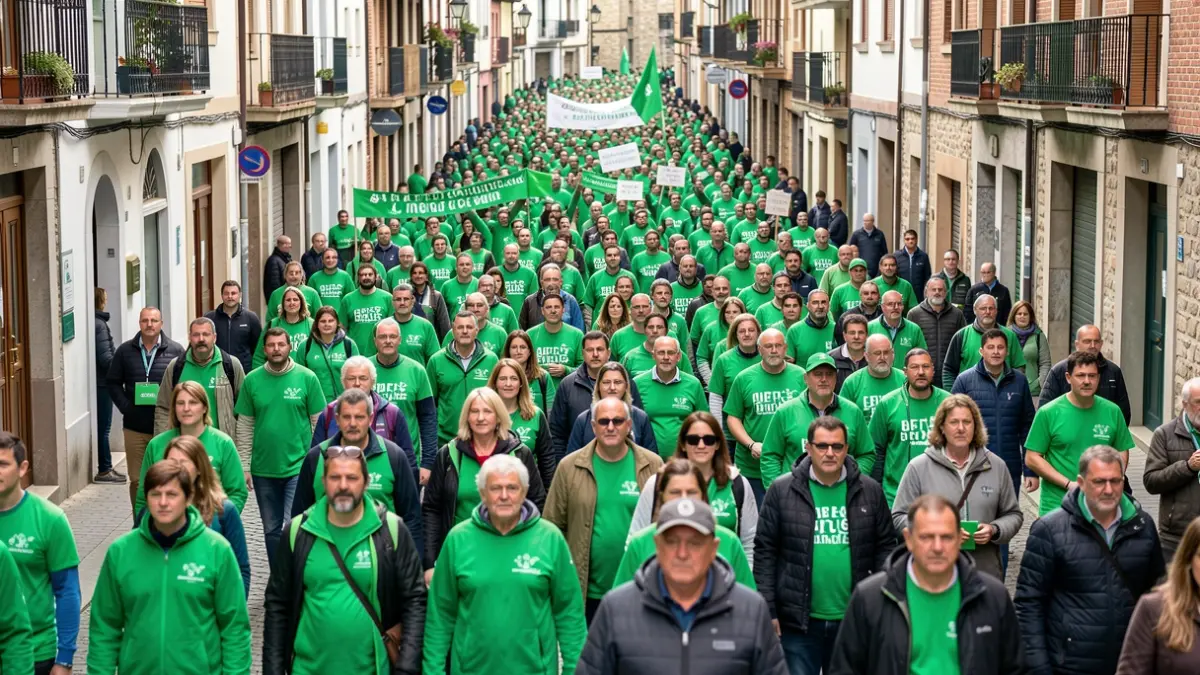 Imagen de personas participando en una marcha contra el cáncer, con las calles de Eibar vestidas de verde.